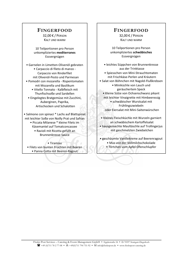 Erste Seite des Menüvorschlags Fingerfood & Flying Buffet