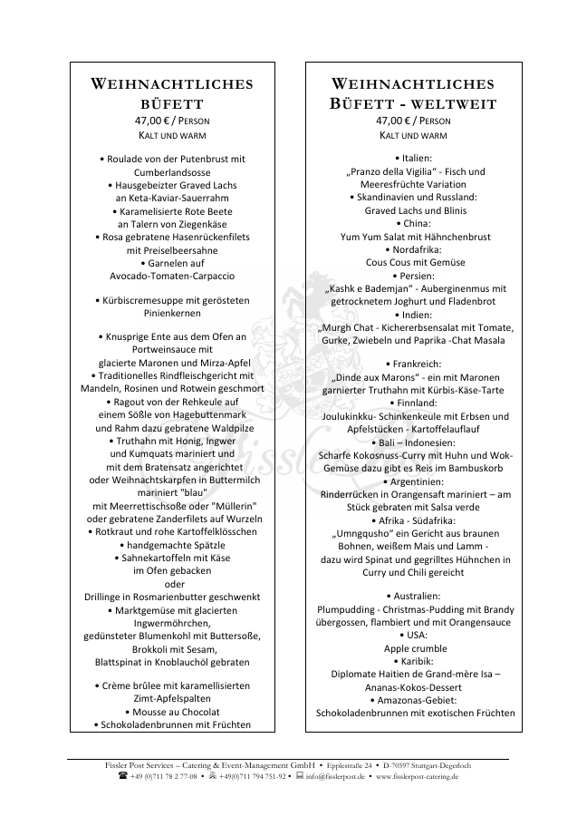 Erste Seite des Menüvorschlags Weihnachtliches Buffet
