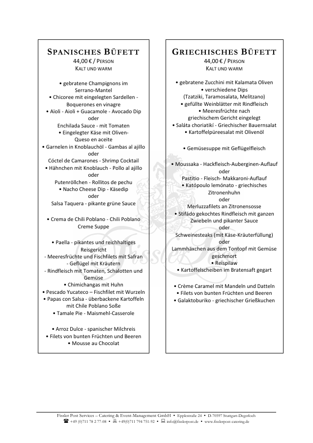 Erste Seite des Menüvorschlags Spanisch & Griechisch