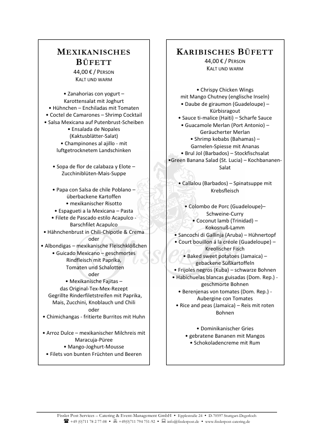 Erste Seite des Menüvorschlags Karibisch & Mexikanisch
