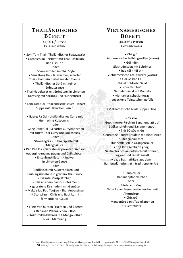 Erste Seite des Menüvorschlags Thailändisch & Vietnamesisch